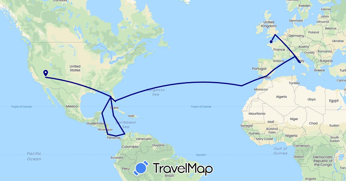 TravelMap itinerary: driving in Colombia, Costa Rica, Spain, United Kingdom, Italy, Jersey, Cayman Islands, Mexico, Panama, Portugal, United States (Europe, North America, South America)
